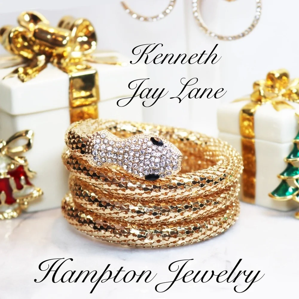 ⚜️ Kenneth Jay Lane Shimmering Gold Mesh and Clear Crystal Snake Wrap Bracelet - Picture 16 of 16